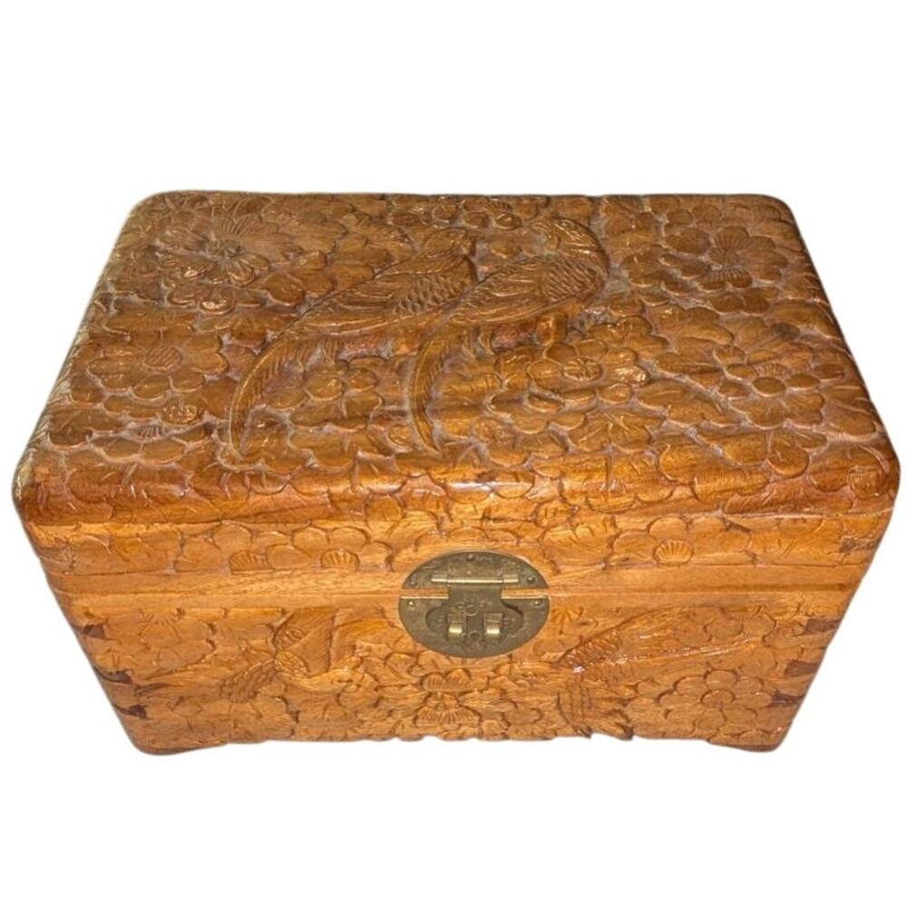 Vintage Carved Wood Camphor Box Bird Floral Foliage Hinged Trunk